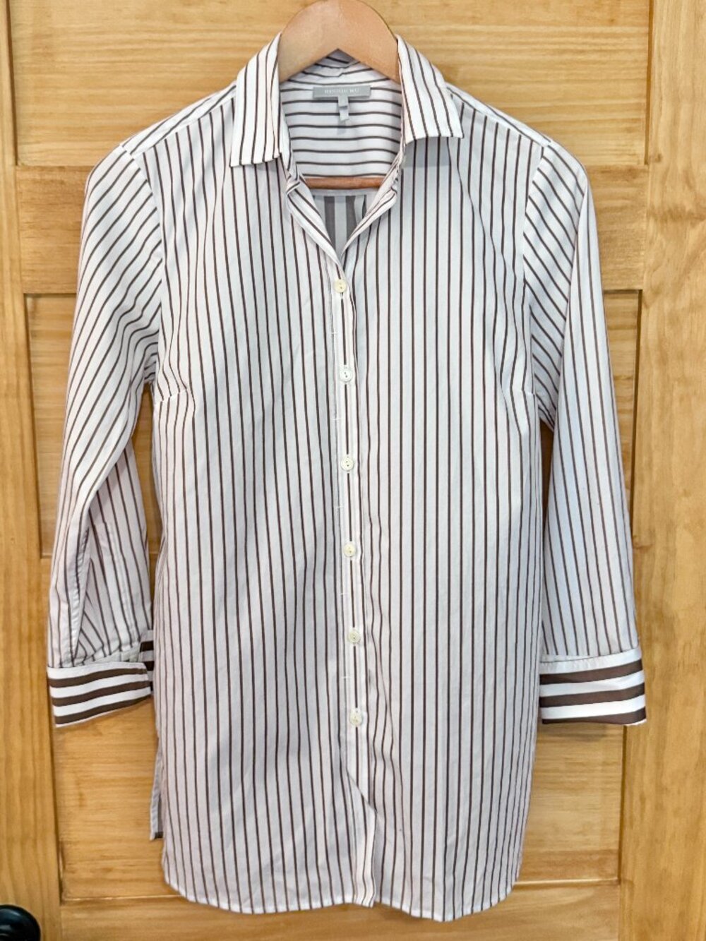 Hinson Wu Margot Long Sleeve Brown White Striped Crisp Cotton Poplin Shirt sz 2